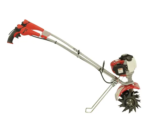 Red and silver motorized tiller with a long handle