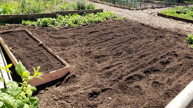 Freshly tilled garden soil with a wooden planting bed