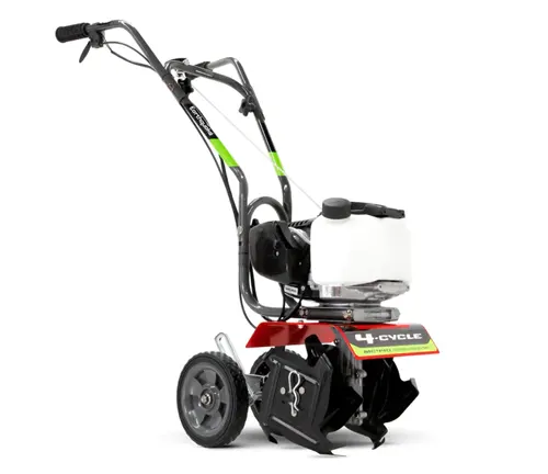 modern, red and black 4-cycle garden tiller with sturdy wheels and ergonomic handles