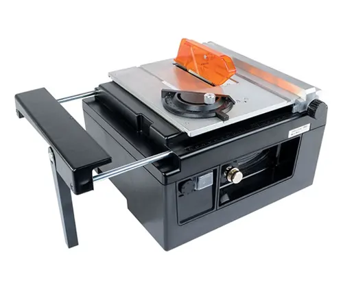 A portable table saw with extended arms and an orange safety guard.