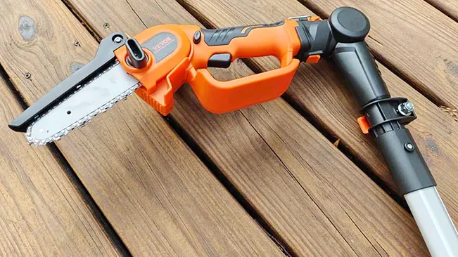 Chainsaw on a wooden deck.