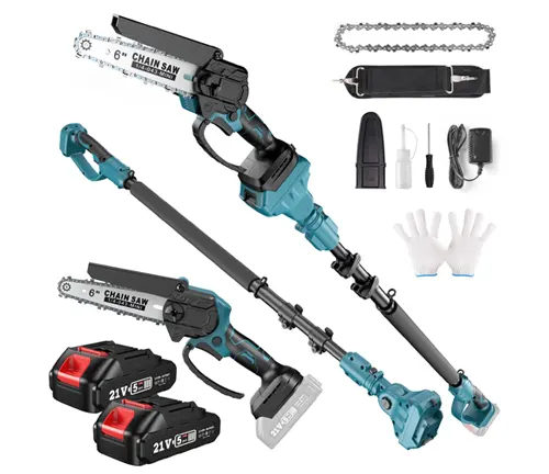Portable electric chainsaw kit with extendable handle, batteries, and accessories on display