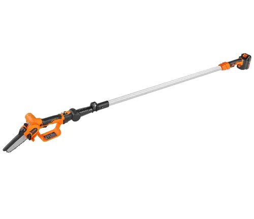 Extended orange and black pole saw on a white background