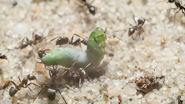 ants attacking a caterpillar