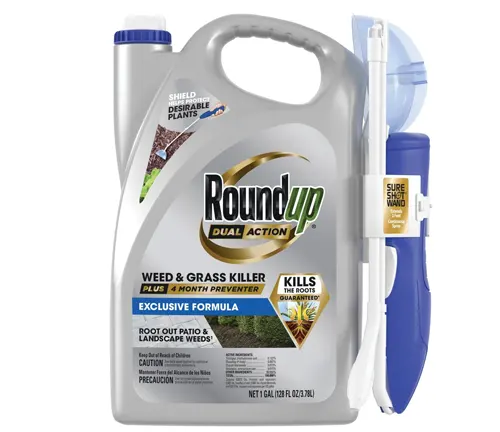 Roundup Dual Action weed and grass killer in a white and blue container with a spray nozzle