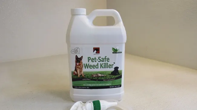 Pet-Safe Weed Killer” container with a spray nozzle