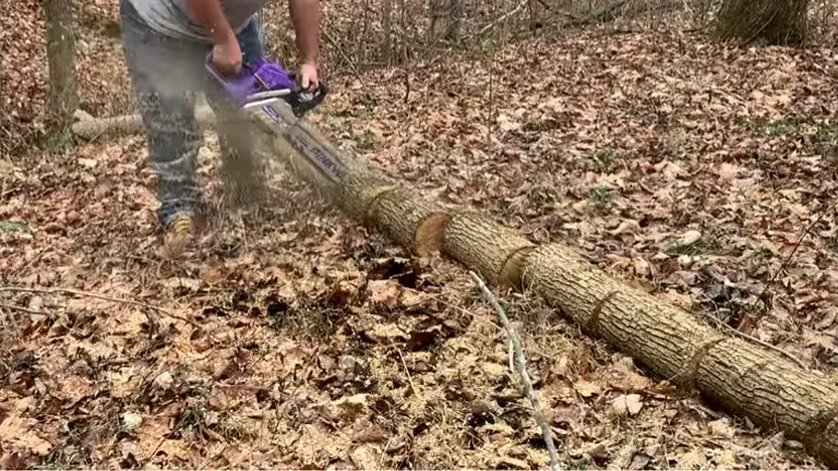 Person using Pinkway Chainsaw in woods cutting log into 6 pieces