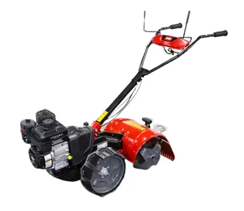 a motorized tiller, primarily in red and black colors, isolated on a white background