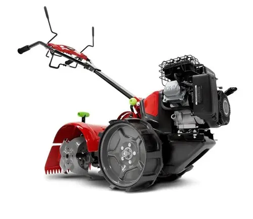 a modern, red and black mechanical tiller with large rubber wheels and a sharp metal blade for tilling soil. The tiller has a long handle with controls for easy operation.