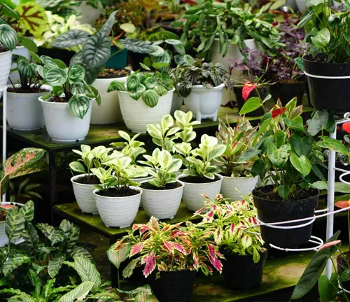 A variety of potted plants on a wooden table.
