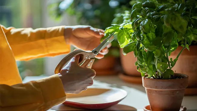 Person pruning a potted herb with scissors