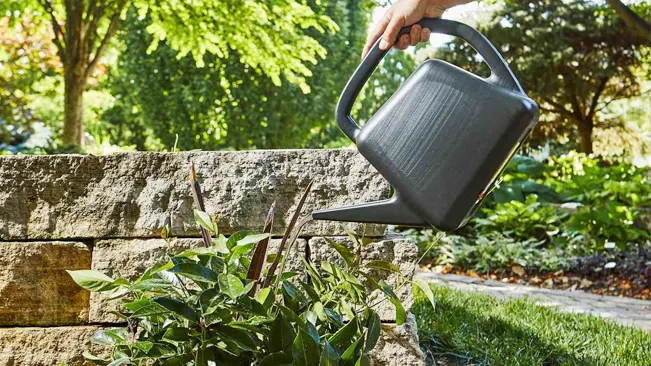 Black watering can beside a green potted plant.