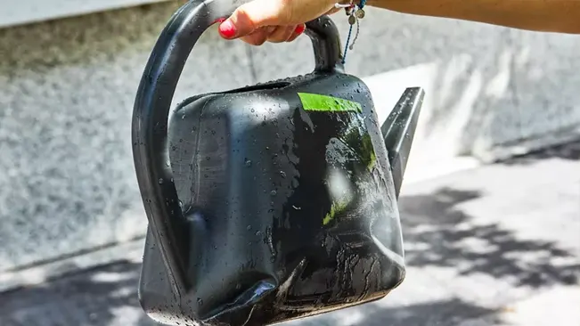 Person holding wet black watering can