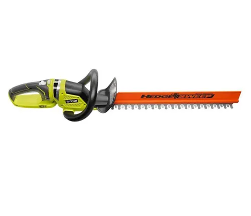 Ryobi Hedge Sweeper with a bright orange blade and green handle