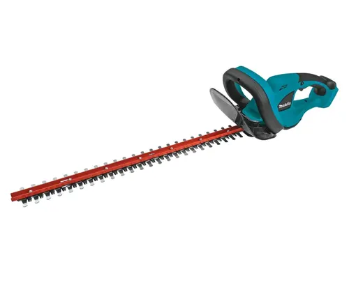Teal and black electric hedge trimmer with a long red blade on a black surface