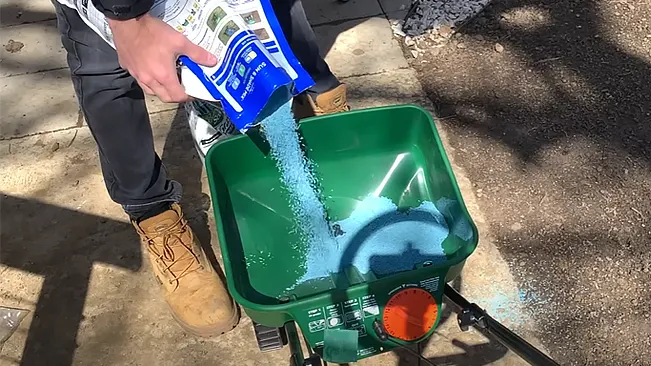 A person pouring a blue substance into a green wheelbarrow under sunlight, with shadows on the ground.