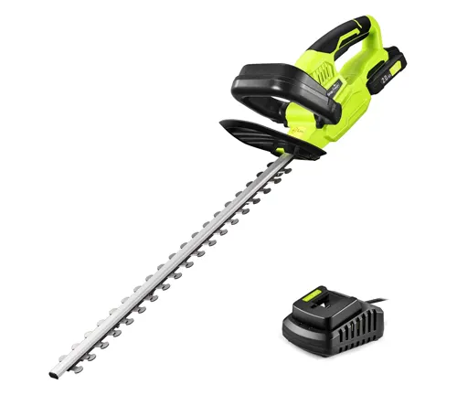 Cordless hedge trimmer with a detachable battery, featuring a green and black design