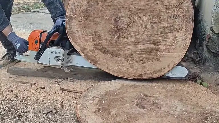 Person using a STIHL MS660 Chainsaw to cut a log