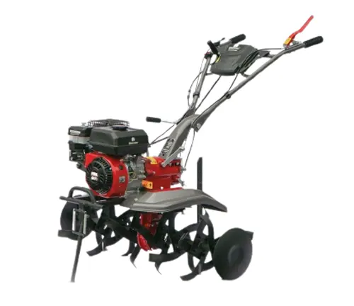 Motorized garden tiller with rotating blades and wheels, equipped with handlebars for control