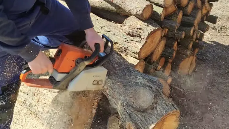 Man using STIHL MS 210 Chainsaw cutting logs