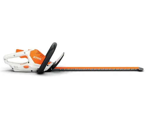 STIHL hedge trimmer with a long blade and a black handle, displayed against a white background