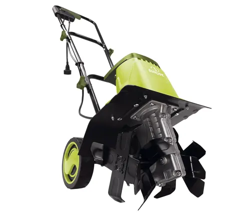 a green and black garden tiller with yellow wheels on a white background