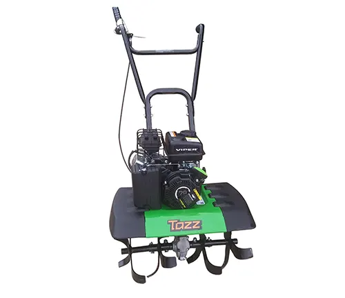 Tazz brand tiller with a black engine and green base