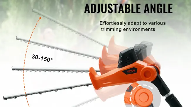 Adjustable angle hedge trimmer with a range of 30-150° for various environments