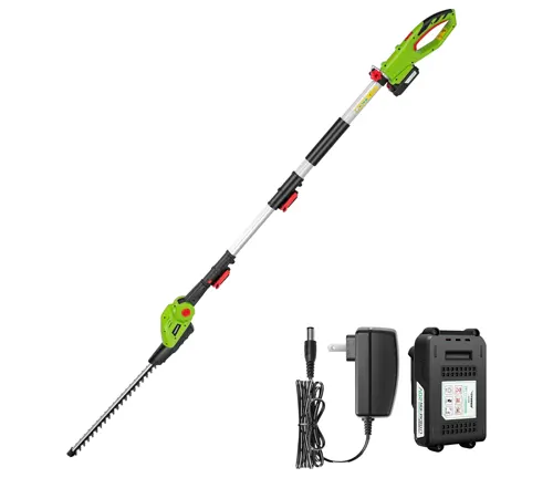 green and black cordless pole hedge trimmer with an extended blade