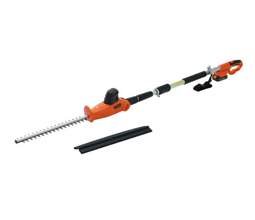 Long reach hedge trimmer with an orange handle and black blade, isolated on a white background