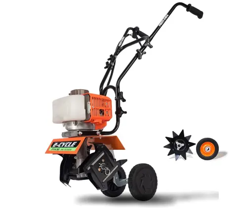 Motorized orange and black garden tiller with ‘Proyama’ label