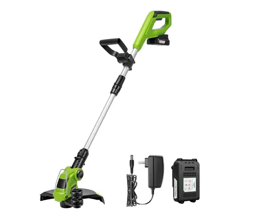 Green and black cordless string trimmer with included battery and charger