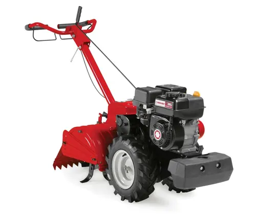 red and black rototiller with a metal handle and rubber wheels.