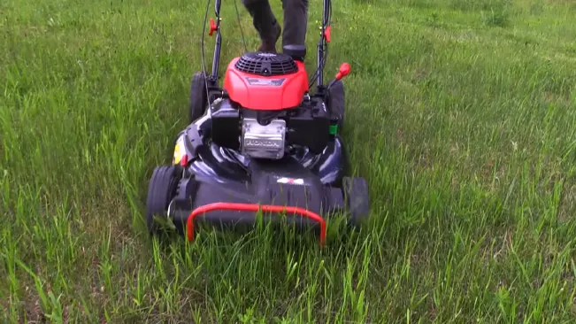 Person mowing grass.