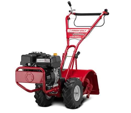 Red Troy-Bilt rear-tine tiller with black engine and wheels