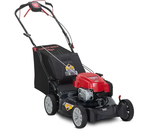modern, self-propelled lawnmower that is predominantly black and red with a large collection bag attached at the back