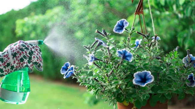 Spraying water on a potted morning glory plant with a green spray bottle.