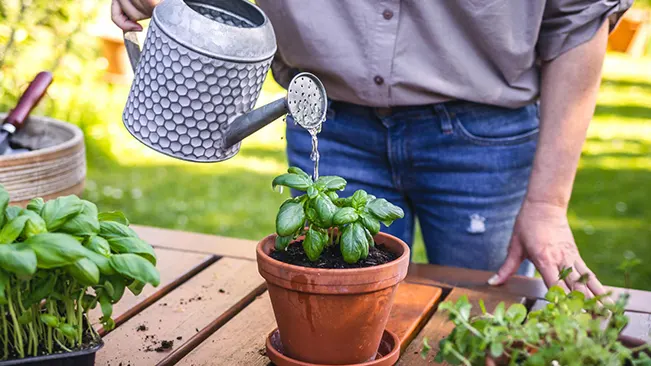 Person watering a potted herb with other herbs
