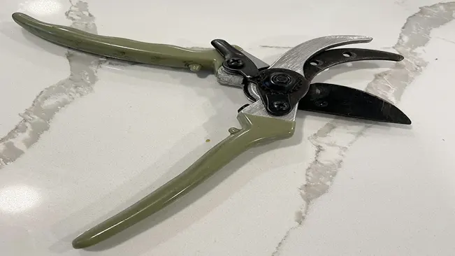 Pruning shears with green handles from the WisaKey Gardening Tool Set on a marble surface