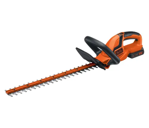 orange electric hedge trimmer. It has a black handle and long metallic blades