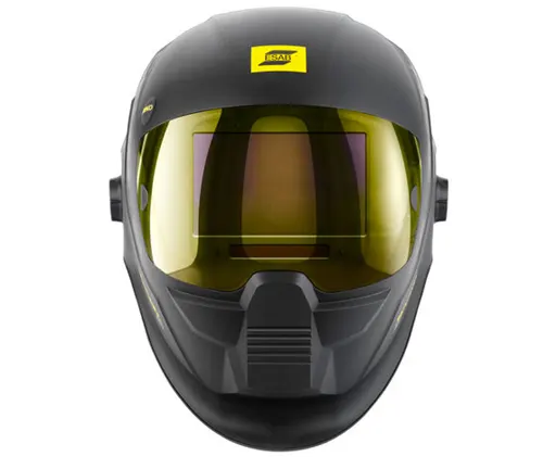 ESAB Sentinel A50 welding helmet with a reflective gold-colored lens and distinctive yellow branding on top.