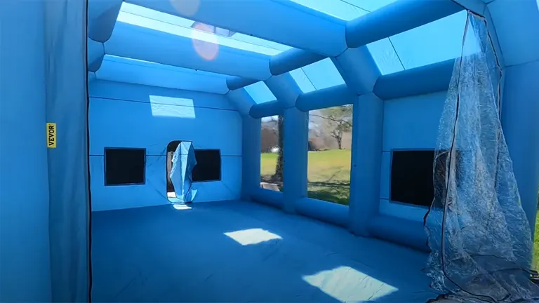 Interior view of a blue inflatable paint booth with large windows and a clear doorway, illuminated by natural light.