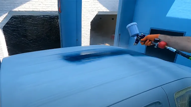 A person spray painting a car hood inside a blue inflatable paint booth with visible ventilation windows.