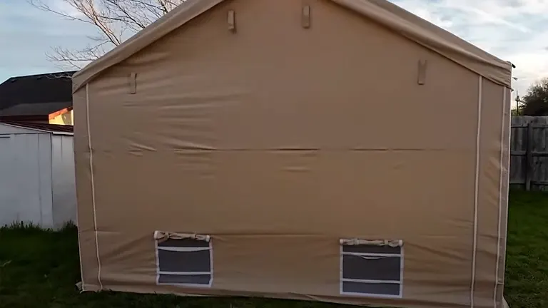 Side view of a tan portable paint booth with lower vent windows, pitched in a backyard at dusk.