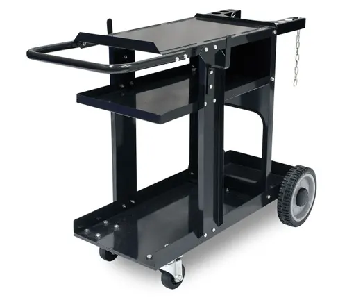 Eastwood welding cart on a white background, featuring shelves, a handle, and wheels for mobility.