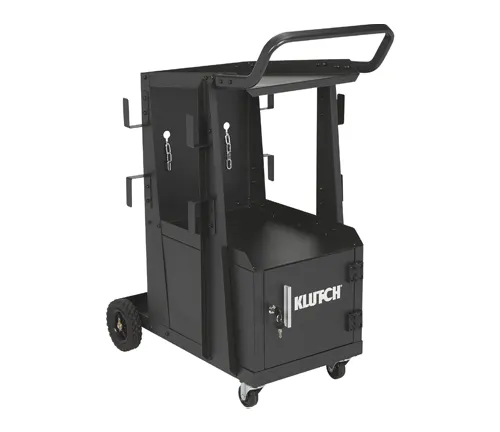 A black Klutch 2-Tier Welding Cart with a top shelf, a bottom enclosure, and wheels.