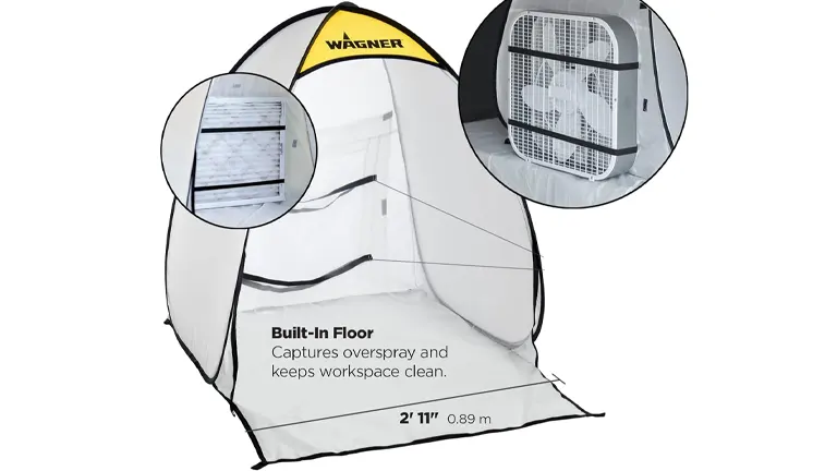 A Wagner Spraytech paint spray booth with a built-in floor to capture overspray, alongside an inset showing a fan filter, all against a white background with measurements for reference.