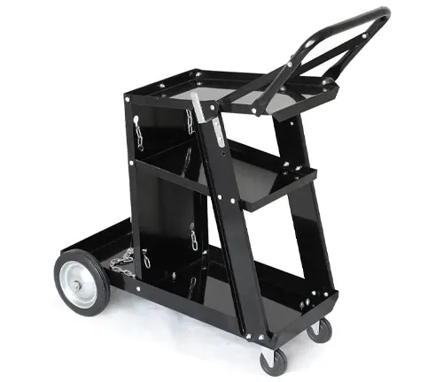 A black Yaheetech 3-Tier Welding Cart with chains and large rear wheels on a white background.