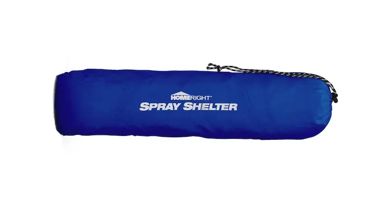 A blue carrying bag with the HomeRight Spray Shelter logo, indicating a portable and storable design for the shelter.