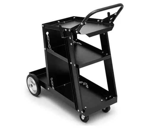 A black Ocforiya Iron Rolling Welding Cart with three shelves and chains, on a white background.